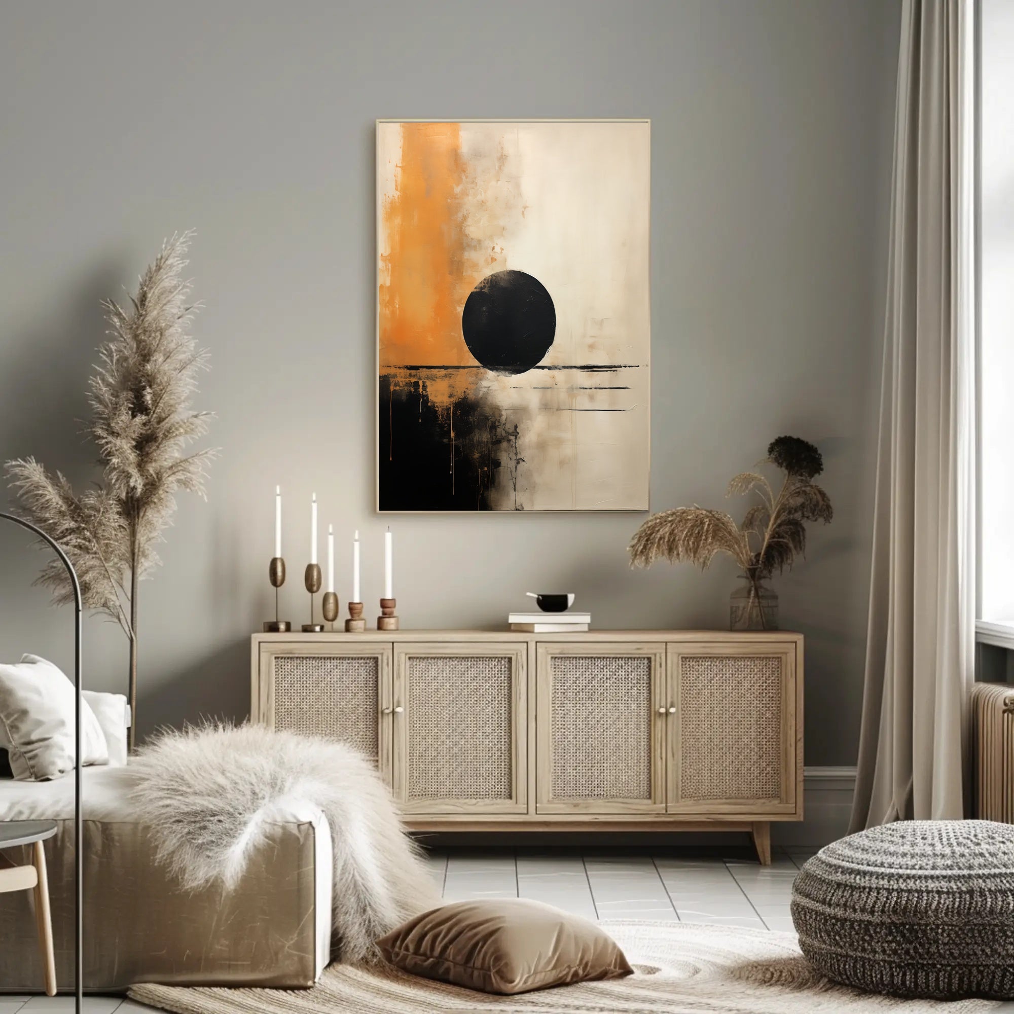 Abstract Black Circle Artistic Poster in Beige and Orange Tones PosterGoat