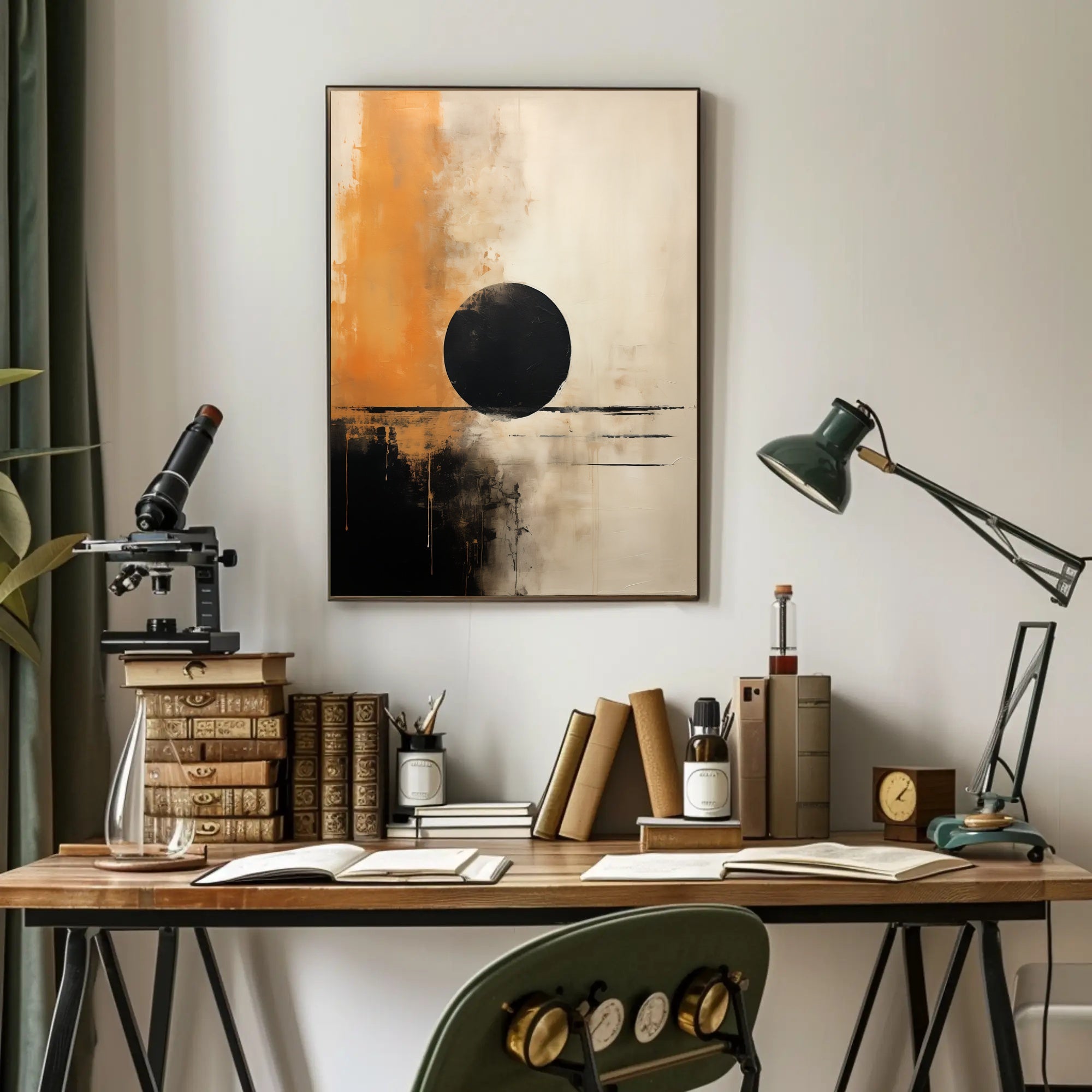 Abstract Black Circle Artistic Poster in Beige and Orange Tones PosterGoat