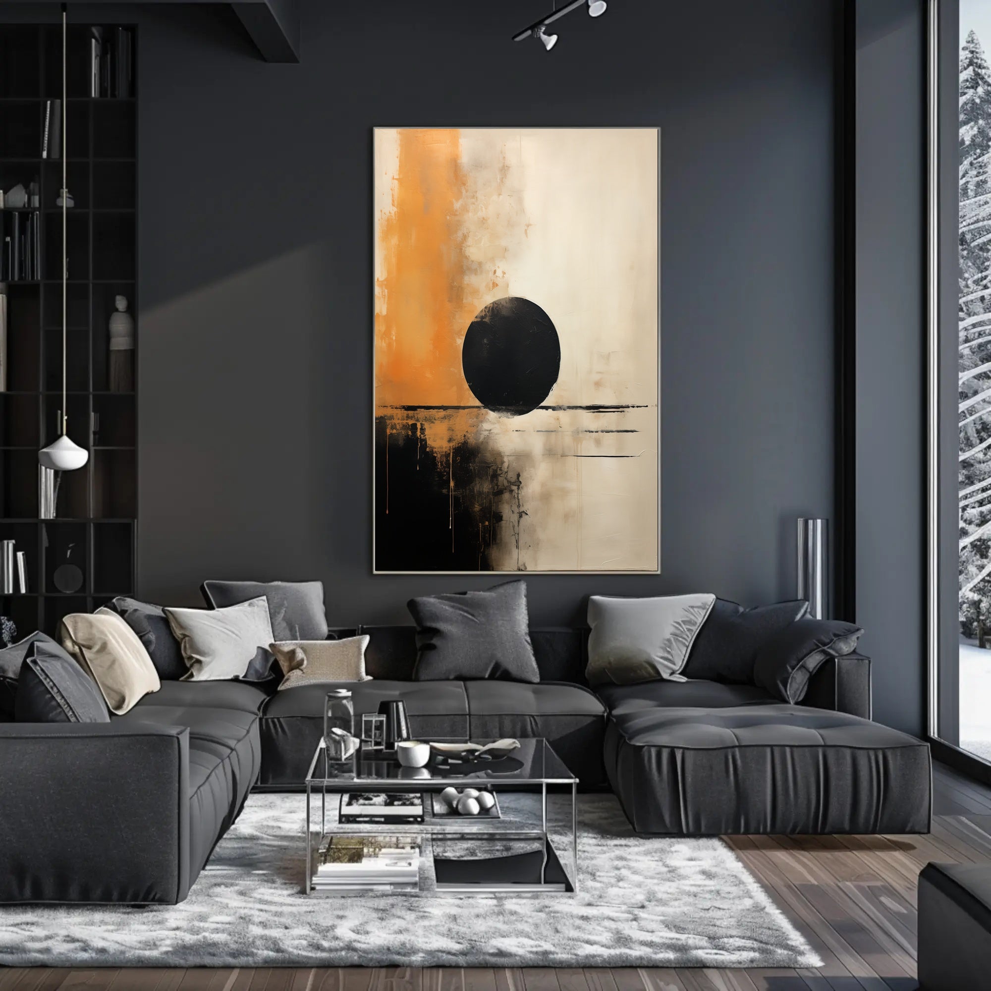Abstract Black Circle Artistic Poster in Beige and Orange Tones PosterGoat