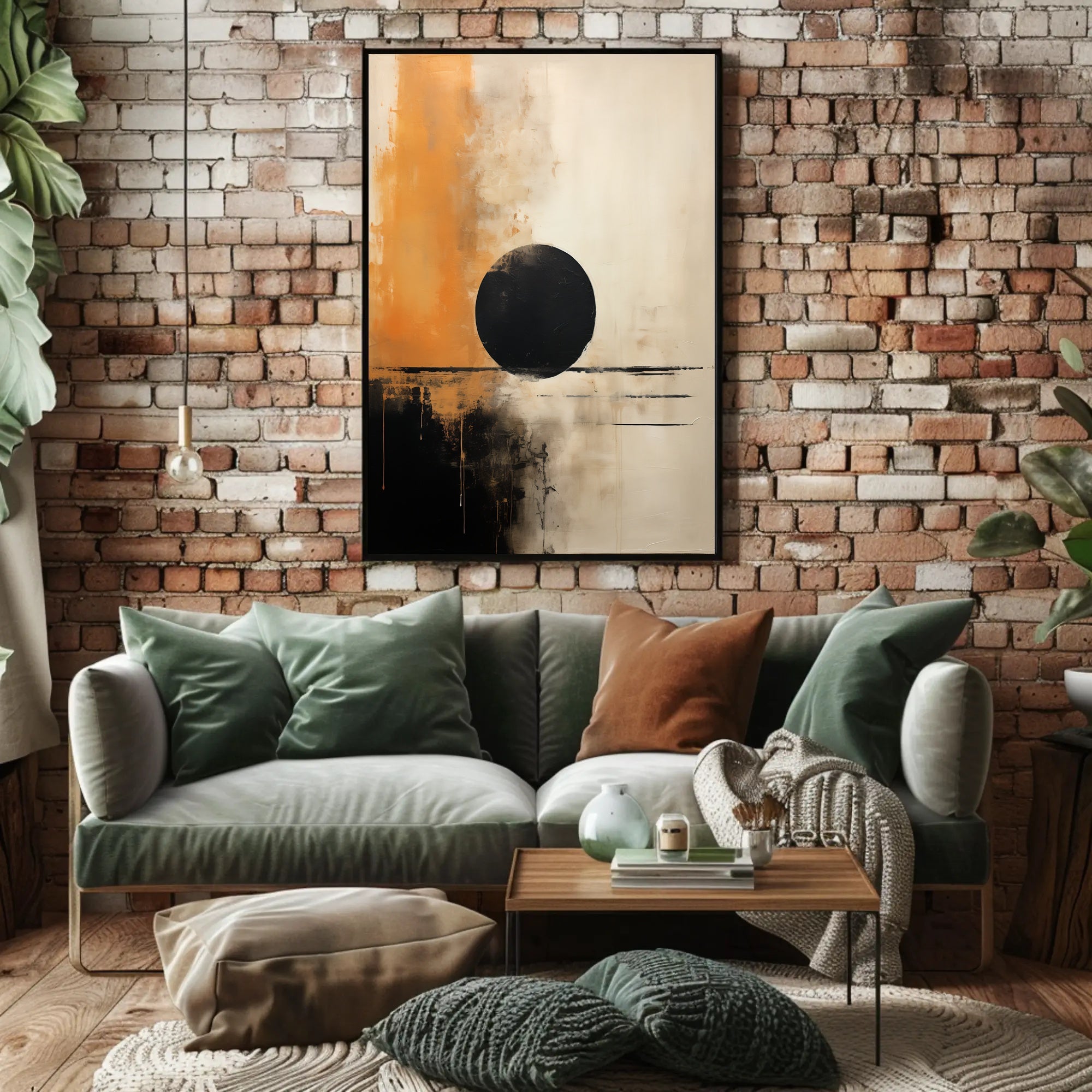 Abstract Black Circle Artistic Poster in Beige and Orange Tones PosterGoat