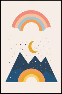 Abstract Celestial Landscape Modern Art Poster with Rainbow and Geometric Mountains PosterGoat