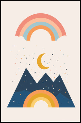 Abstract Celestial Landscape Modern Art Poster with Rainbow and Geometric Mountains PosterGoat