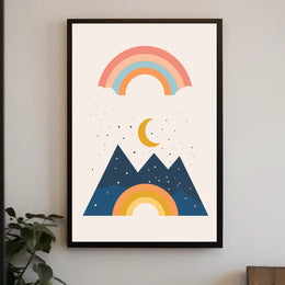 Abstract Celestial Landscape Modern Art Poster with Rainbow and Geometric Mountains PosterGoat