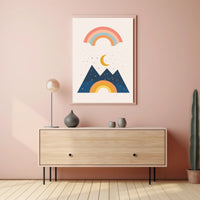 Abstract Celestial Landscape Modern Art Poster with Rainbow and Geometric Mountains PosterGoat