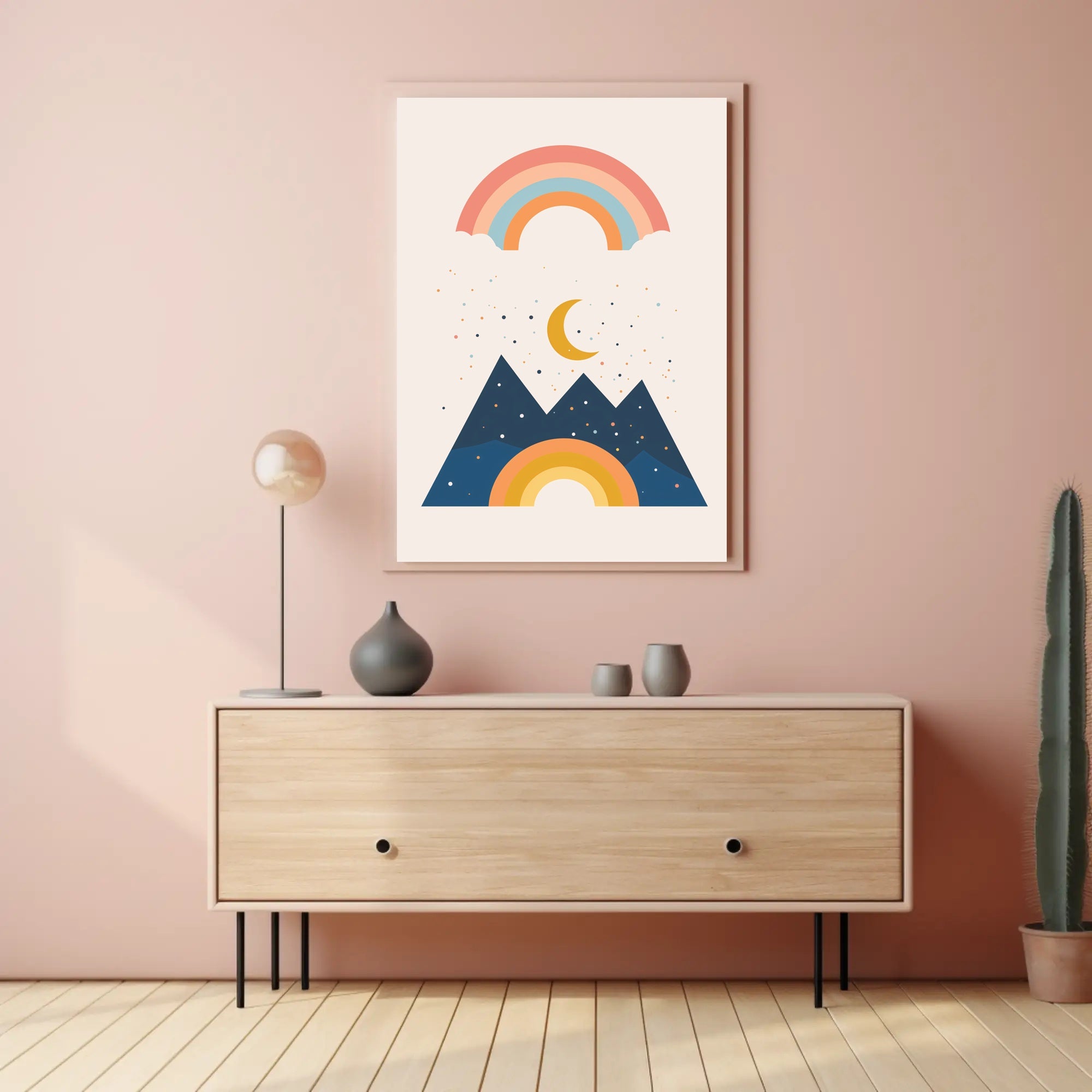 Abstract Celestial Landscape Modern Art Poster with Rainbow and Geometric Mountains PosterGoat