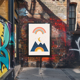 Abstract Celestial Landscape Modern Art Poster with Rainbow and Geometric Mountains PosterGoat