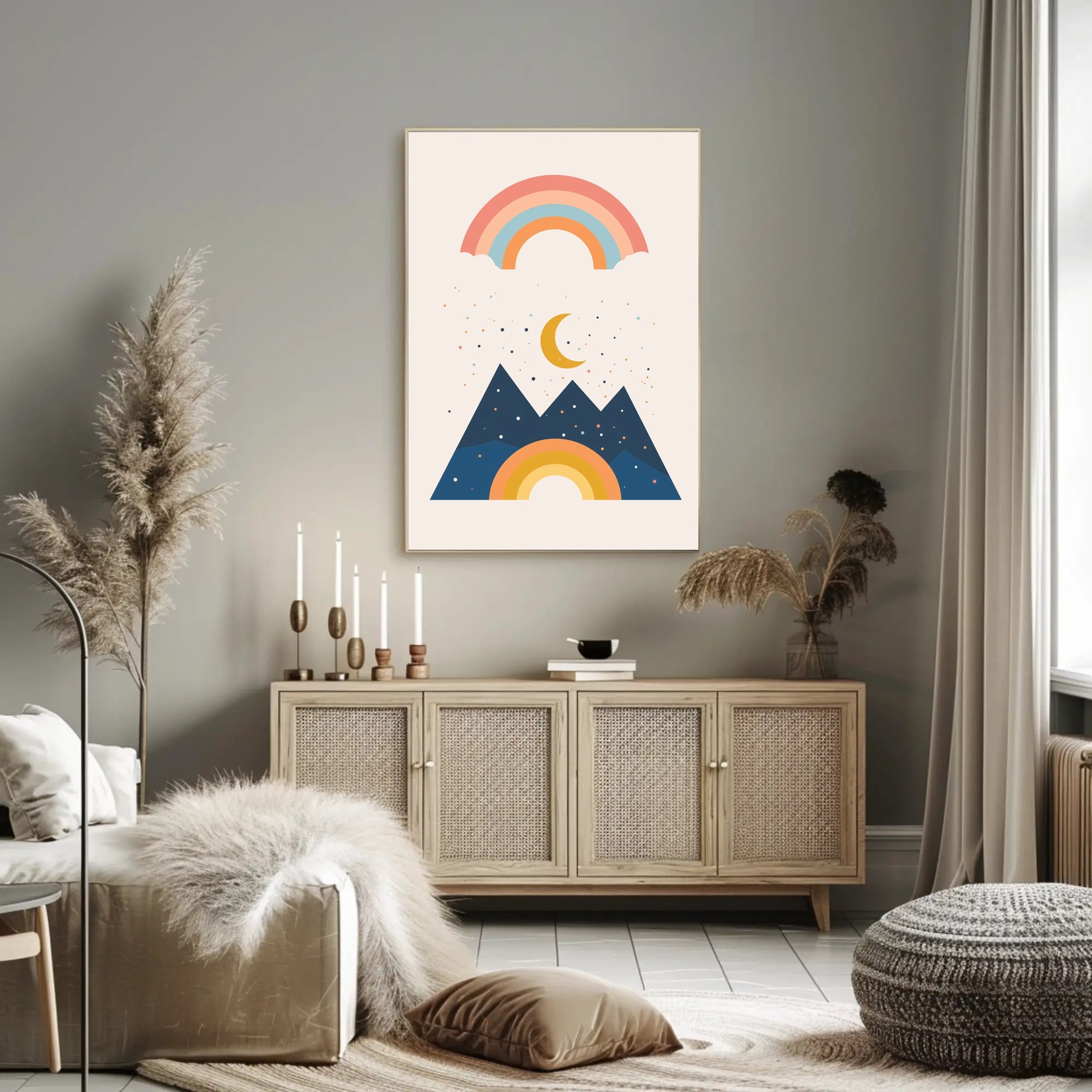 Abstract Celestial Landscape Modern Art Poster with Rainbow and Geometric Mountains PosterGoat