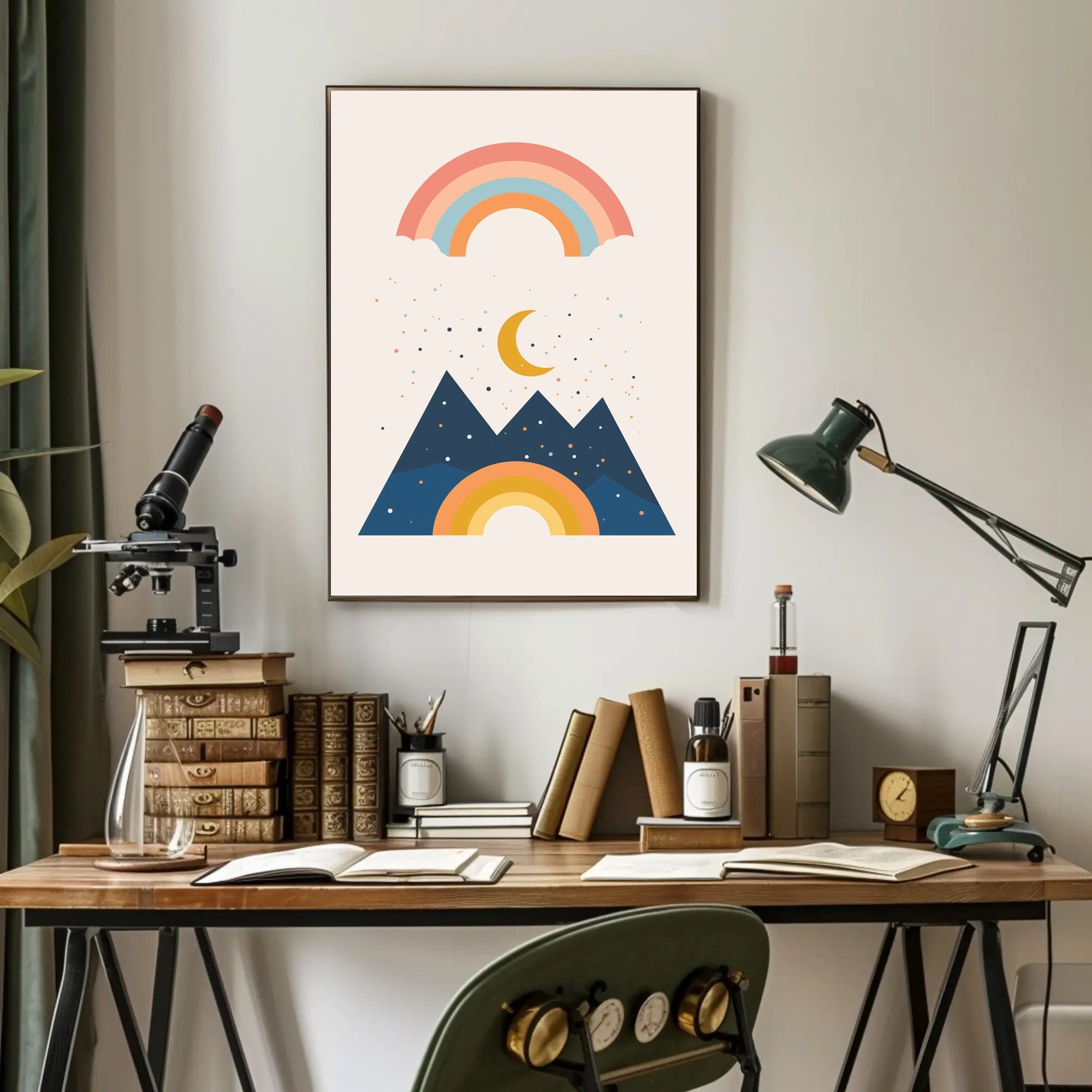 Abstract Celestial Landscape Modern Art Poster with Rainbow and Geometric Mountains PosterGoat
