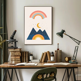 Abstract Celestial Landscape Modern Art Poster with Rainbow and Geometric Mountains PosterGoat