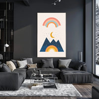 Abstract Celestial Landscape Modern Art Poster with Rainbow and Geometric Mountains PosterGoat