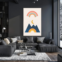 Abstract Celestial Landscape Modern Art Poster with Rainbow and Geometric Mountains PosterGoat