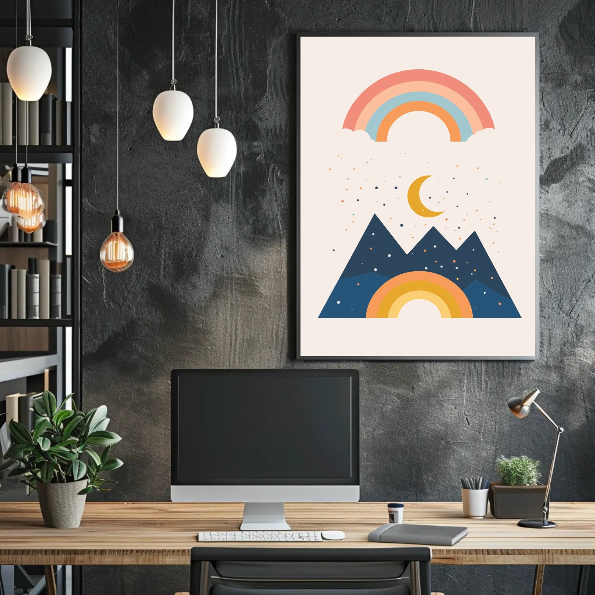 Abstract Celestial Landscape Modern Art Poster with Rainbow and Geometric Mountains PosterGoat