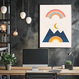 Abstract Celestial Landscape Modern Art Poster with Rainbow and Geometric Mountains PosterGoat