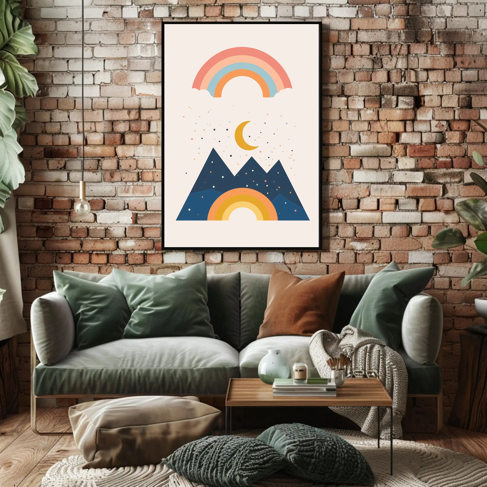 Abstract Celestial Landscape Modern Art Poster with Rainbow and Geometric Mountains PosterGoat