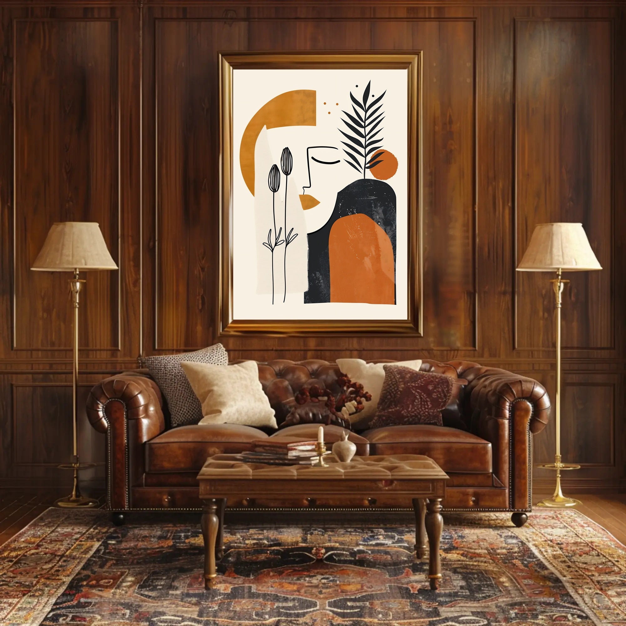 Abstract Face with Botanical Elements Artistic Poster in Earth Tones PosterGoat