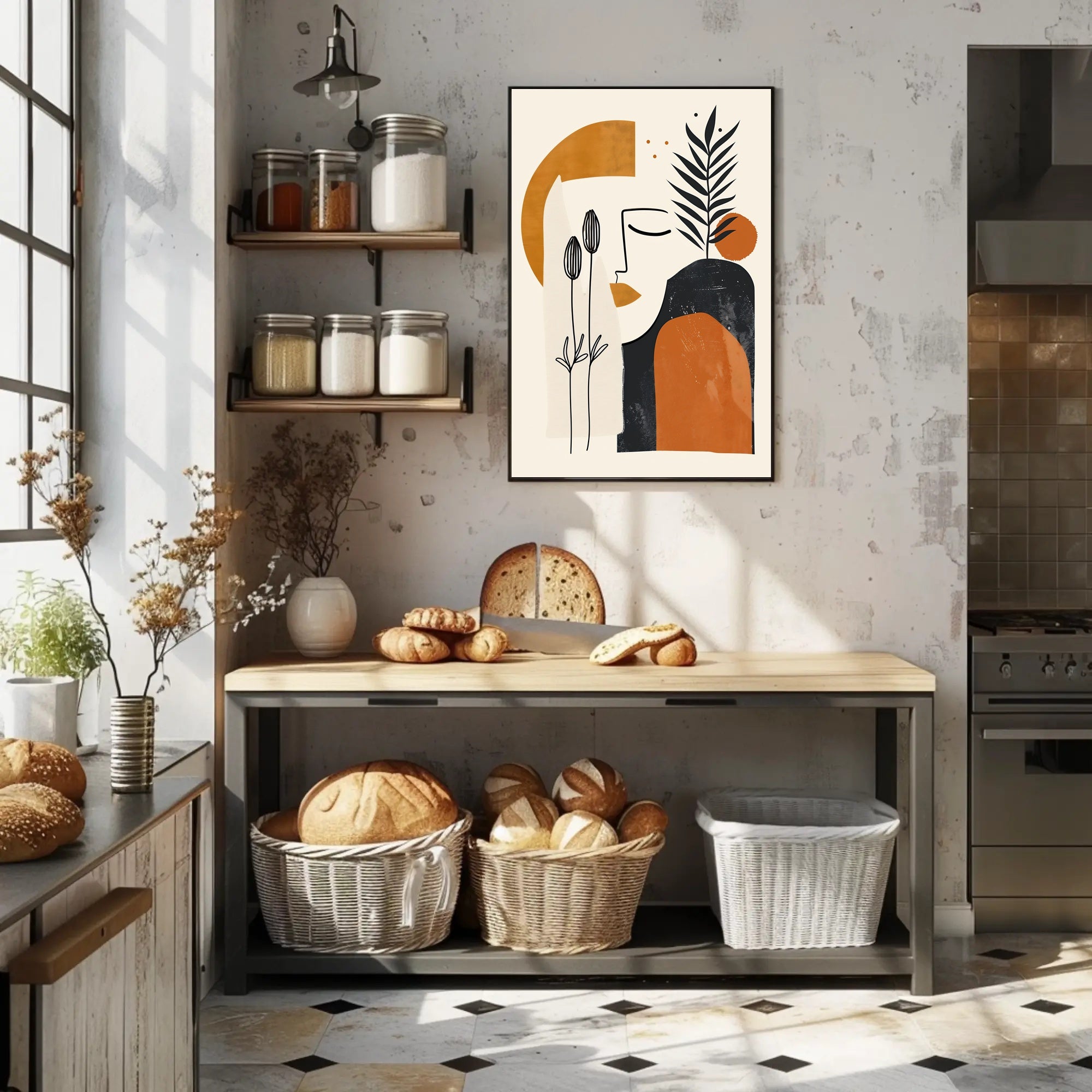 Abstract Face with Botanical Elements Artistic Poster in Earth Tones PosterGoat