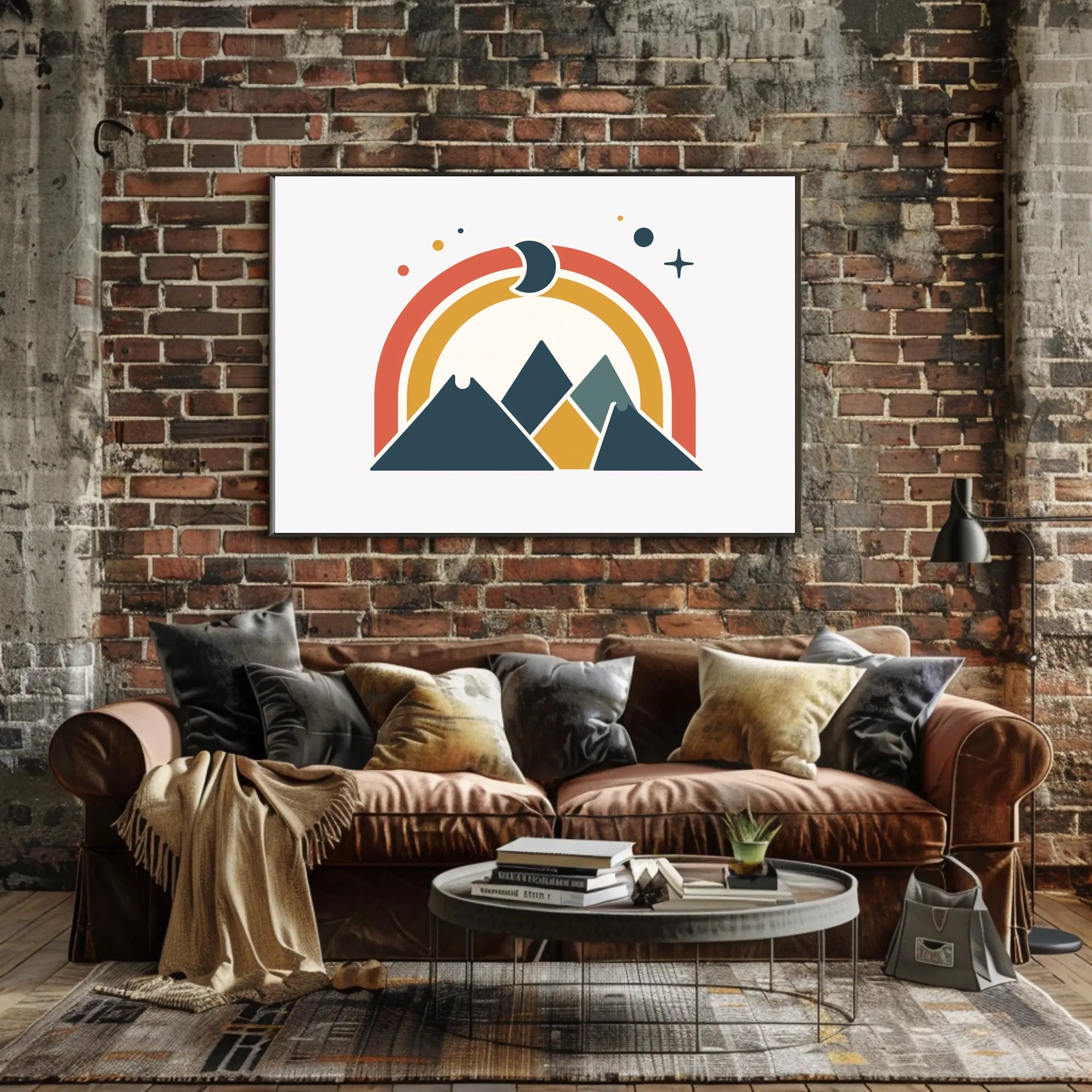 Abstract Geometric Mountain Scene with Celestial Elements Poster PosterGoat
