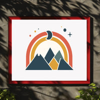 Abstract Geometric Mountain Scene with Celestial Elements Poster PosterGoat