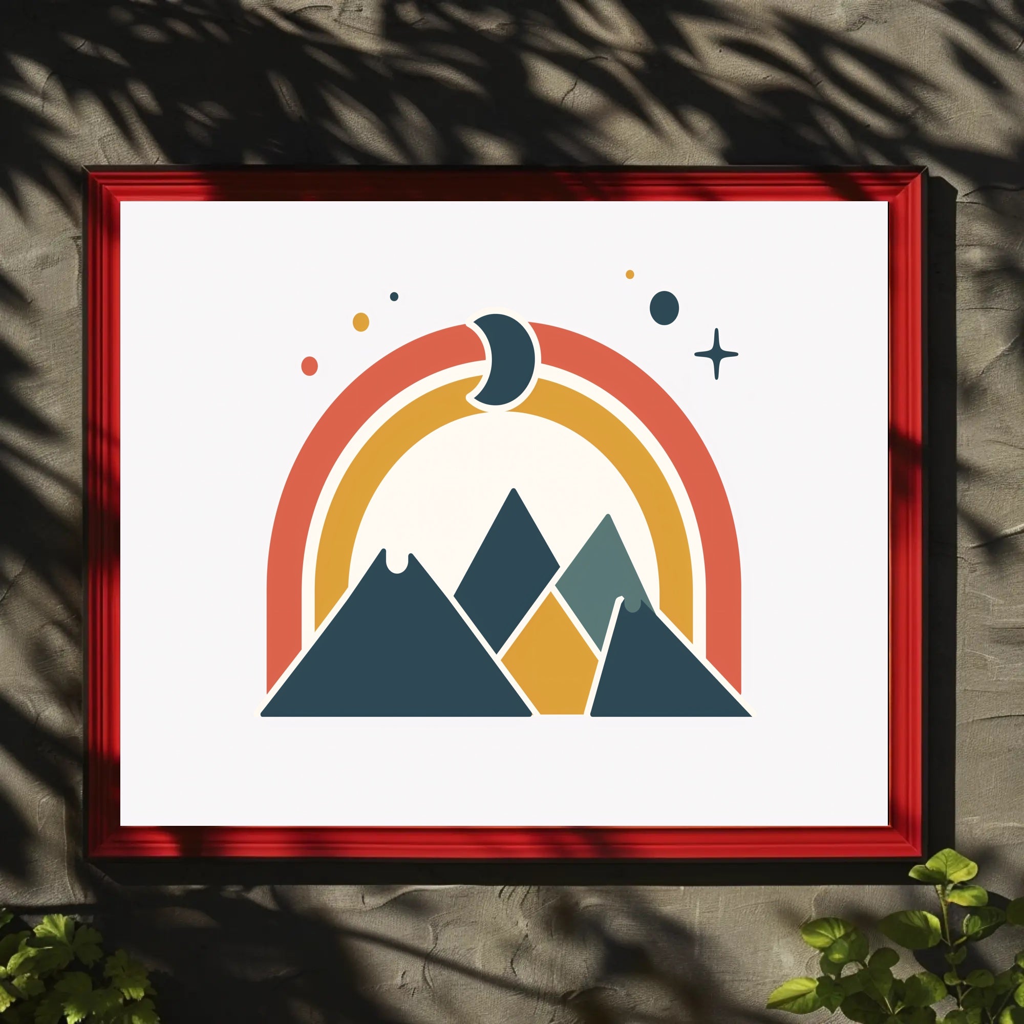 Abstract Geometric Mountain Scene with Celestial Elements Poster PosterGoat