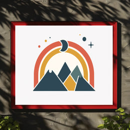 Abstract Geometric Mountain Scene with Celestial Elements Poster PosterGoat