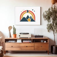 Abstract Geometric Mountain Scene with Celestial Elements Poster PosterGoat