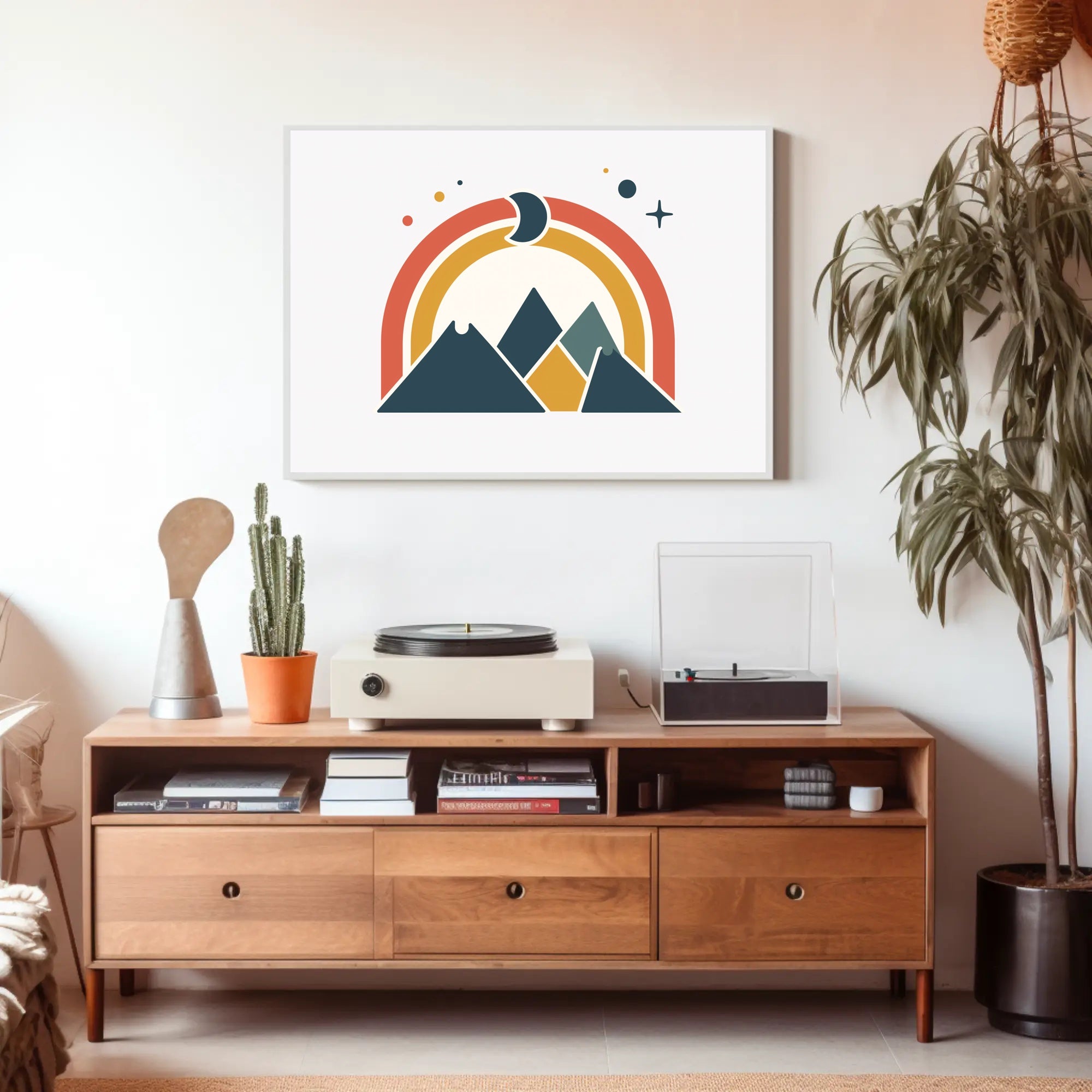 Abstract Geometric Mountain Scene with Celestial Elements Poster PosterGoat