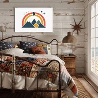 Abstract Geometric Mountain Scene with Celestial Elements Poster PosterGoat