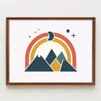 Abstract Geometric Mountain Scene with Celestial Elements Poster PosterGoat