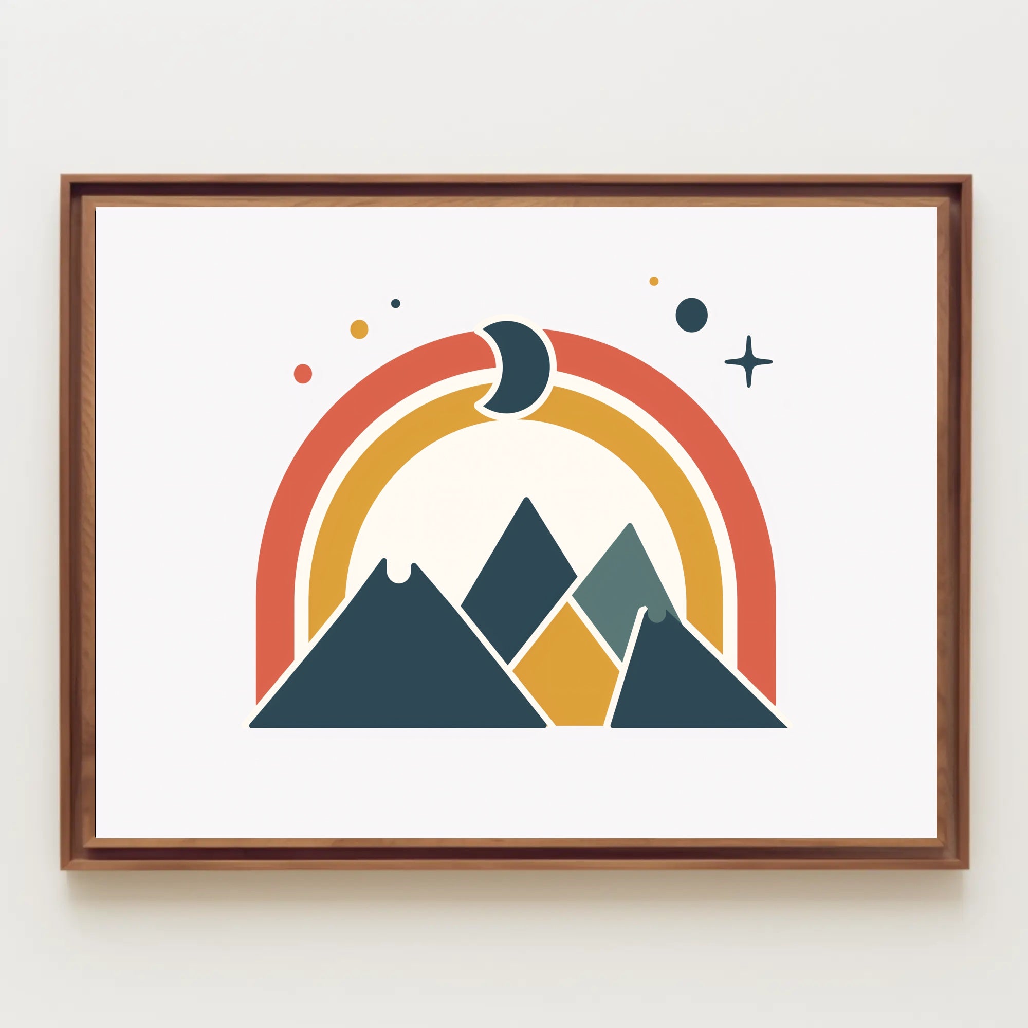 Abstract Geometric Mountain Scene with Celestial Elements Poster PosterGoat