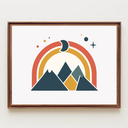 Abstract Geometric Mountain Scene with Celestial Elements Poster PosterGoat