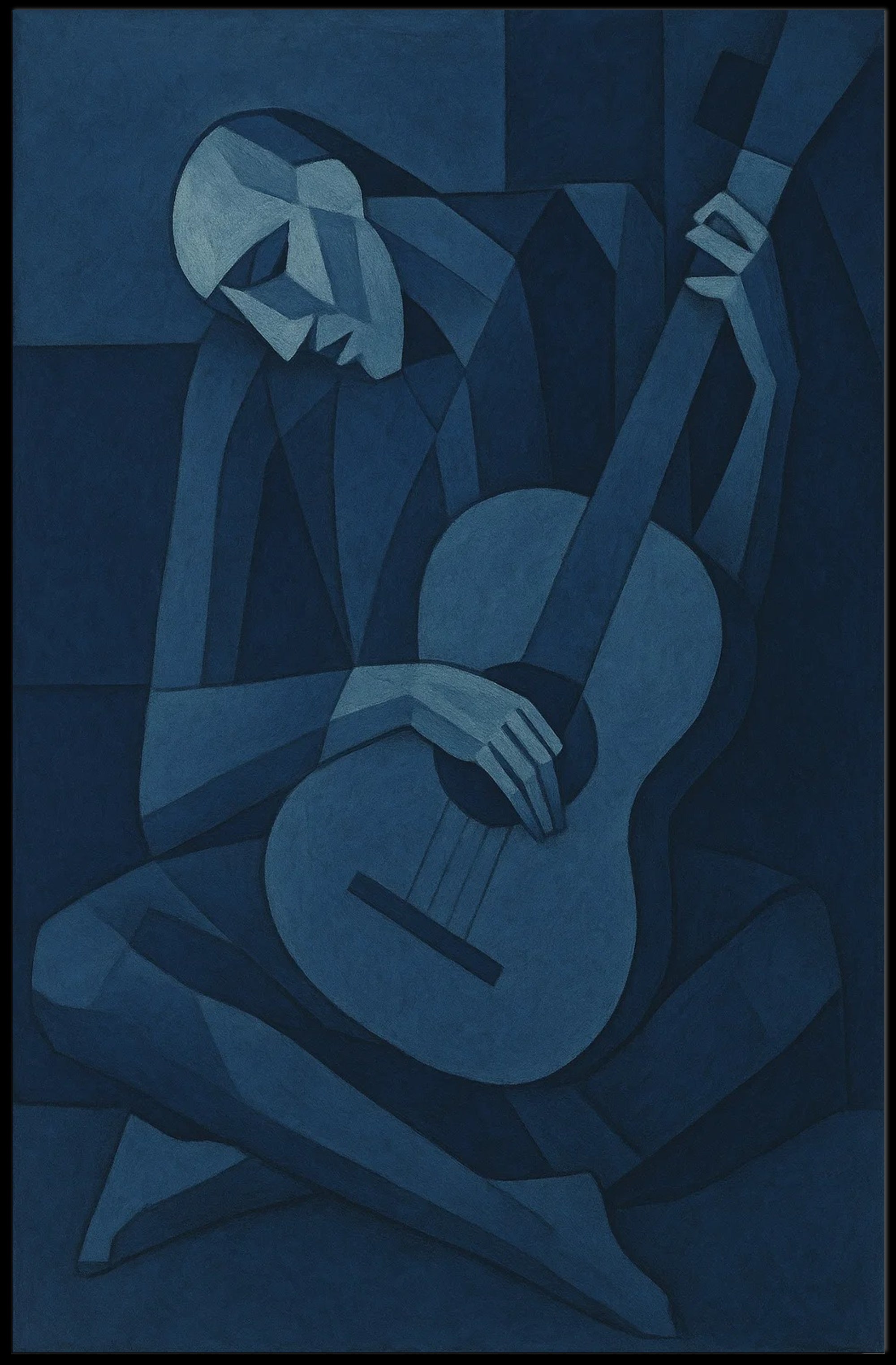 Abstract Guitar Player in Cubist Style Artistic Poster PosterGoat