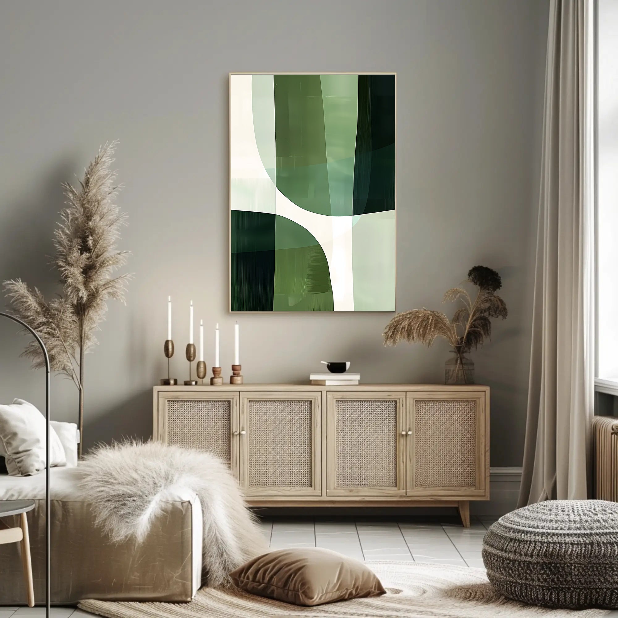 Abstract Harmony: Green Curves in Artistic Poster PosterGoat