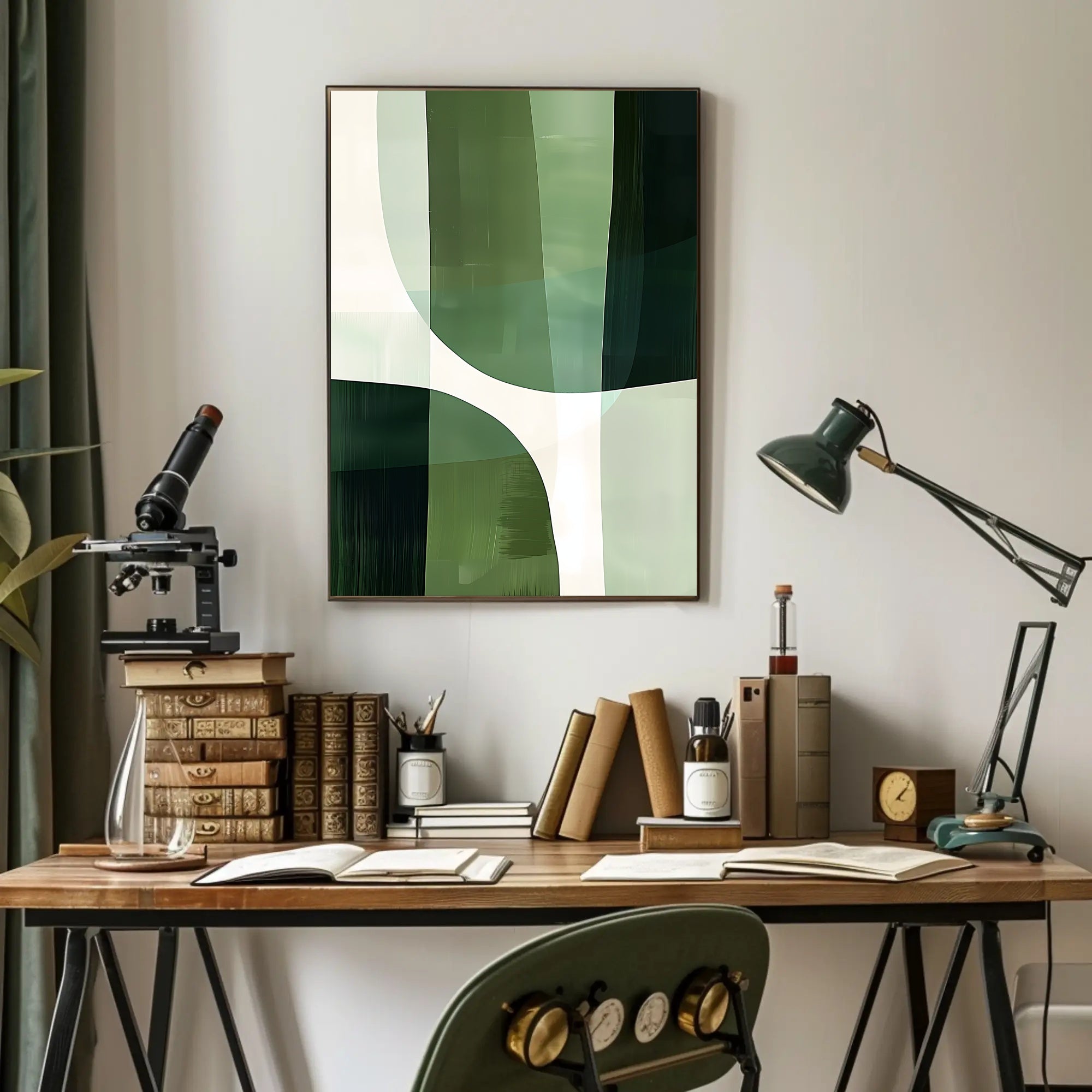 Abstract Harmony: Green Curves in Artistic Poster PosterGoat