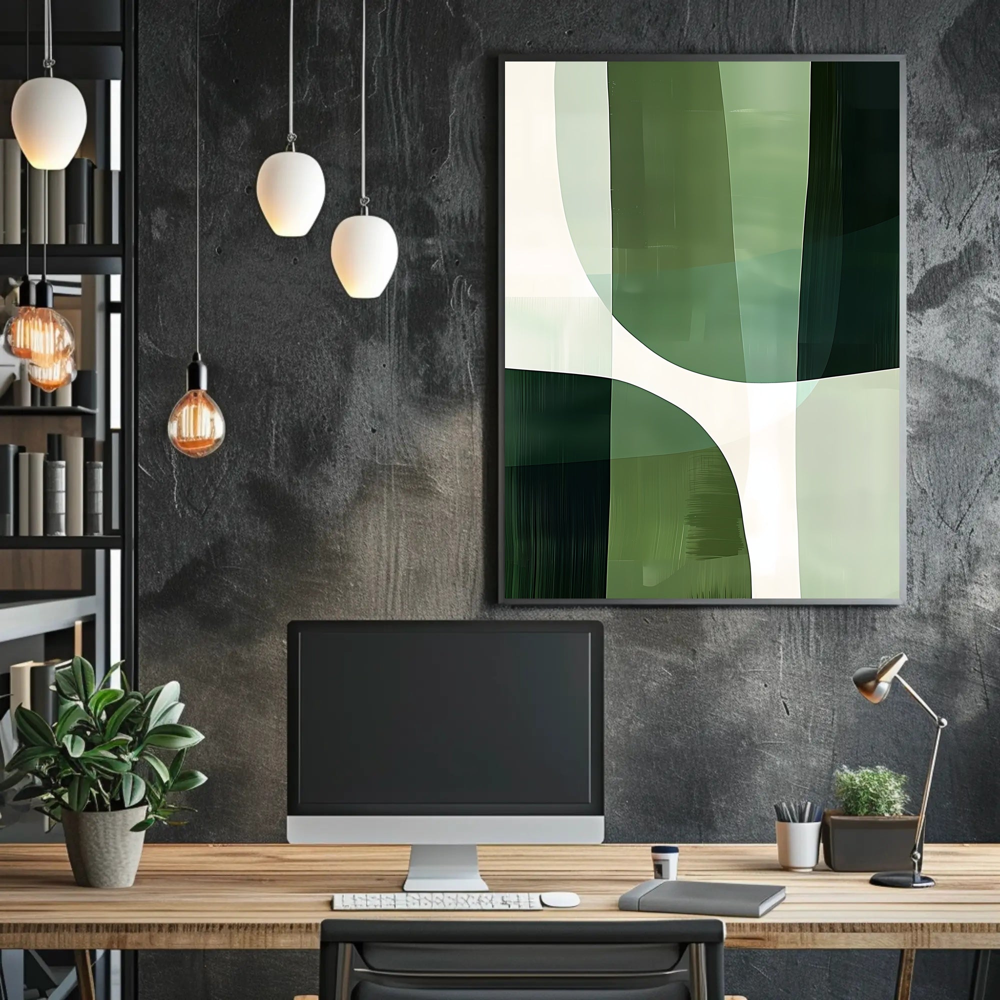 Abstract Harmony: Green Curves in Artistic Poster PosterGoat