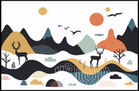 Abstract Mountainous Landscape with Deer and Birds Artistic Poster PosterGoat