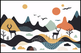 Abstract Mountainous Landscape with Deer and Birds Artistic Poster PosterGoat