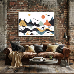 Abstract Mountainous Landscape with Deer and Birds Artistic Poster PosterGoat