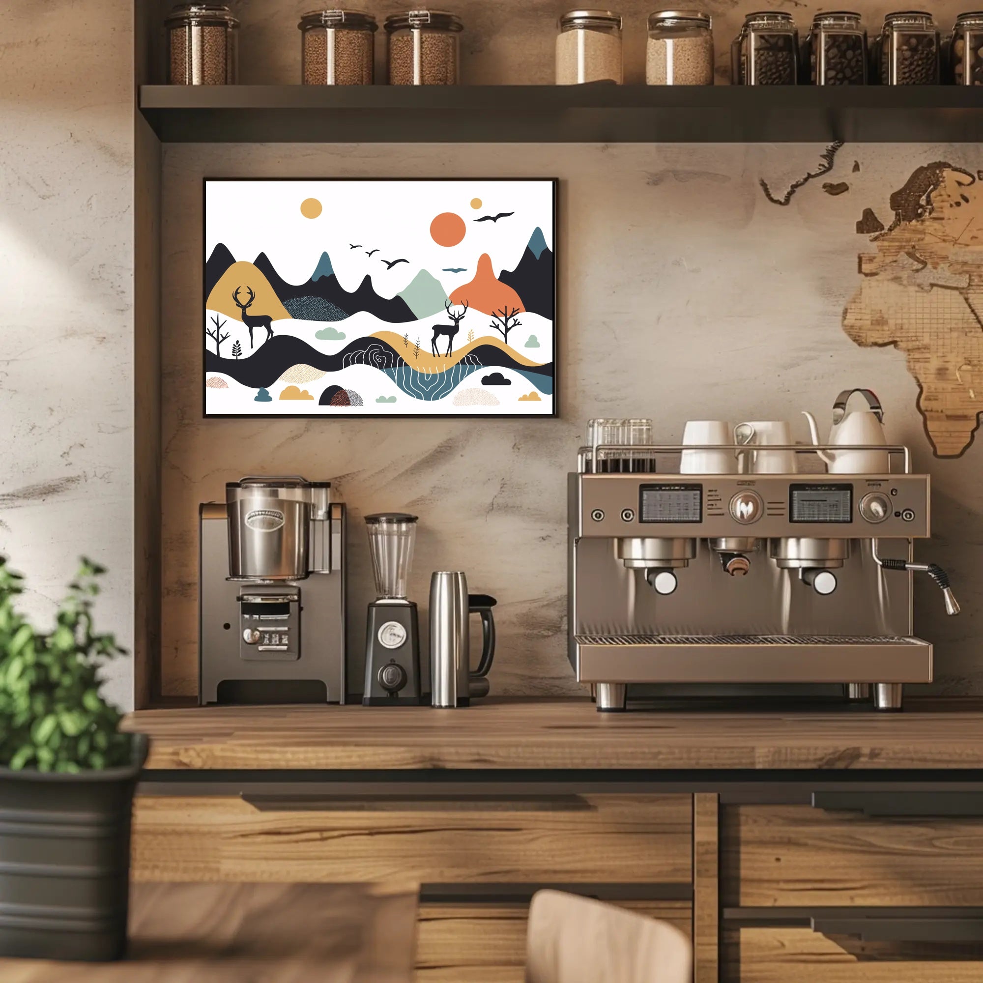 Abstract Mountainous Landscape with Deer and Birds Artistic Poster PosterGoat