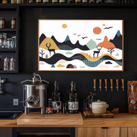 Abstract Mountainous Landscape with Deer and Birds Artistic Poster PosterGoat