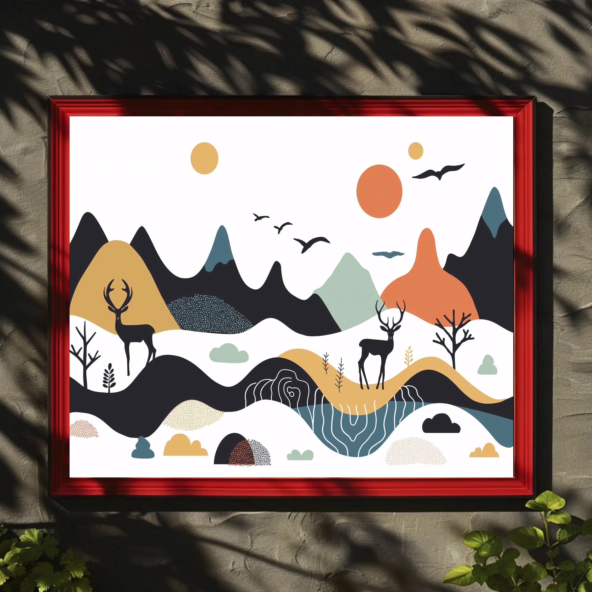 Abstract Mountainous Landscape with Deer and Birds Artistic Poster PosterGoat