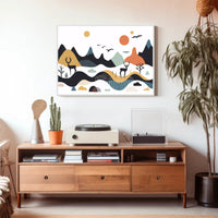 Abstract Mountainous Landscape with Deer and Birds Artistic Poster PosterGoat