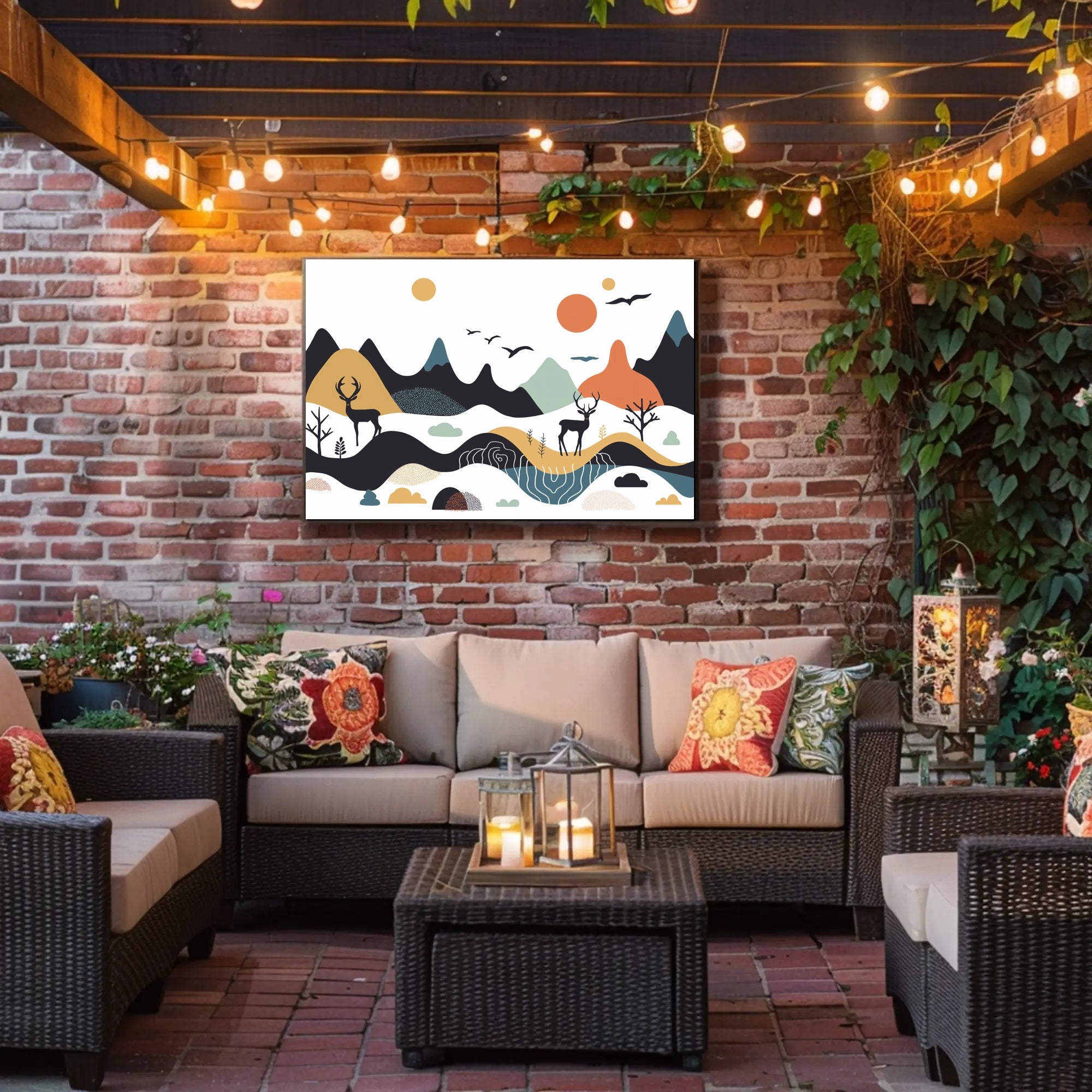 Abstract Mountainous Landscape with Deer and Birds Artistic Poster PosterGoat