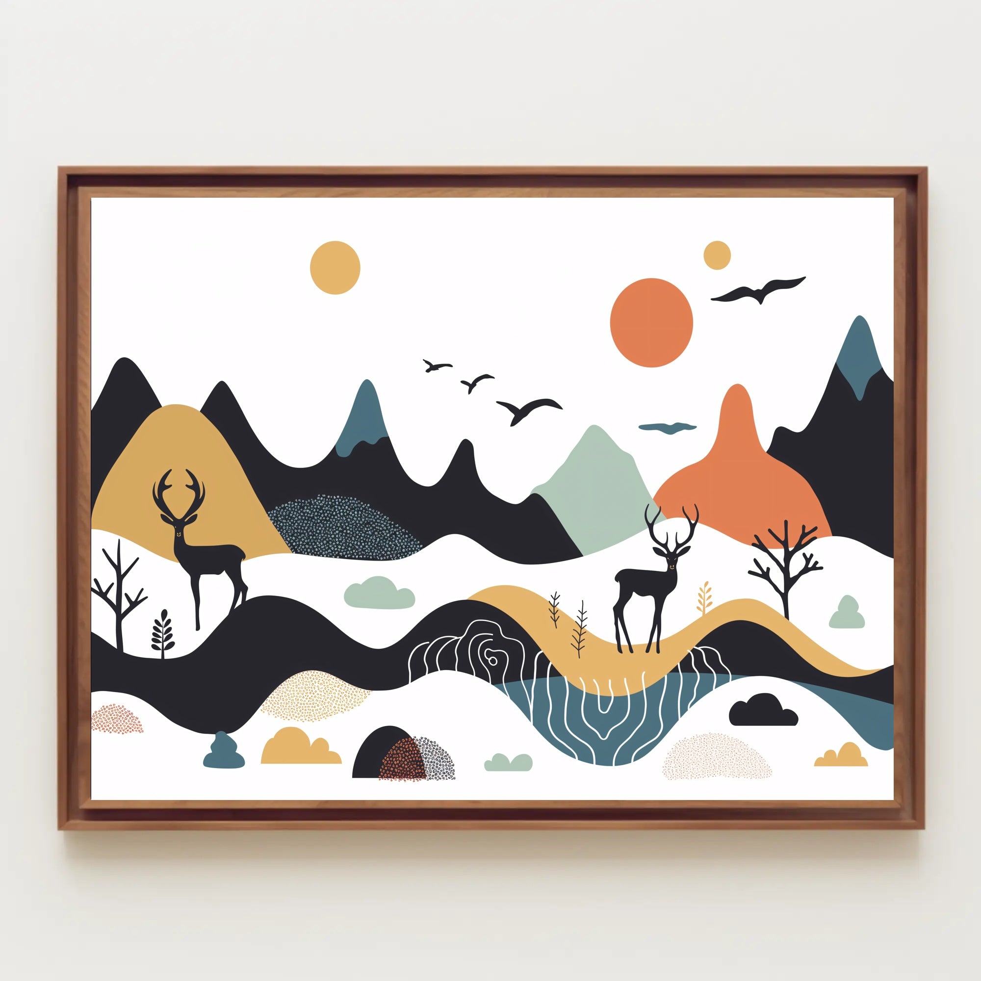 Abstract Mountainous Landscape with Deer and Birds Artistic Poster PosterGoat