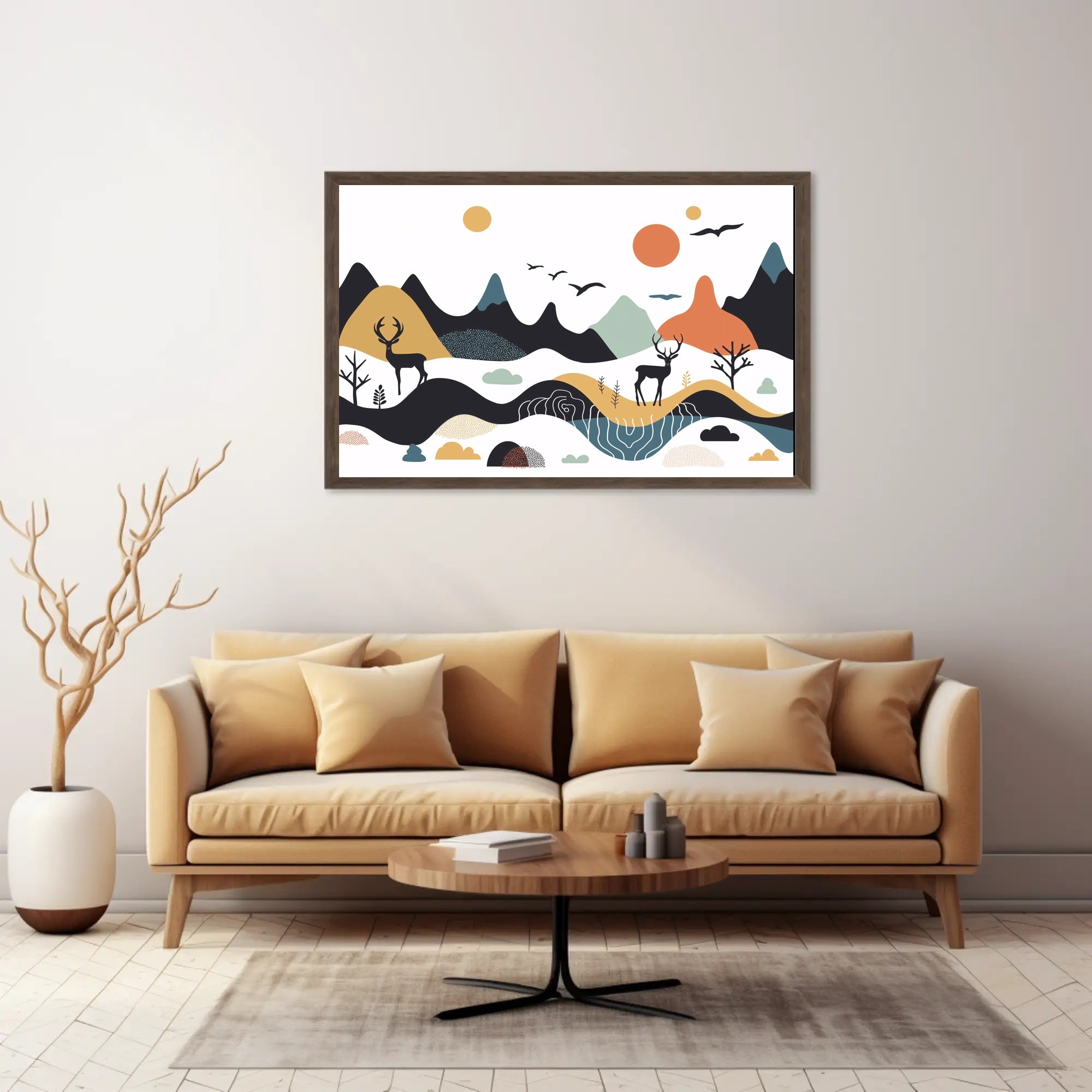 Abstract Mountainous Landscape with Deer and Birds Artistic Poster PosterGoat
