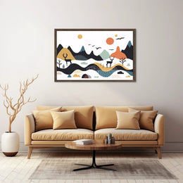 Abstract Mountainous Landscape with Deer and Birds Artistic Poster PosterGoat