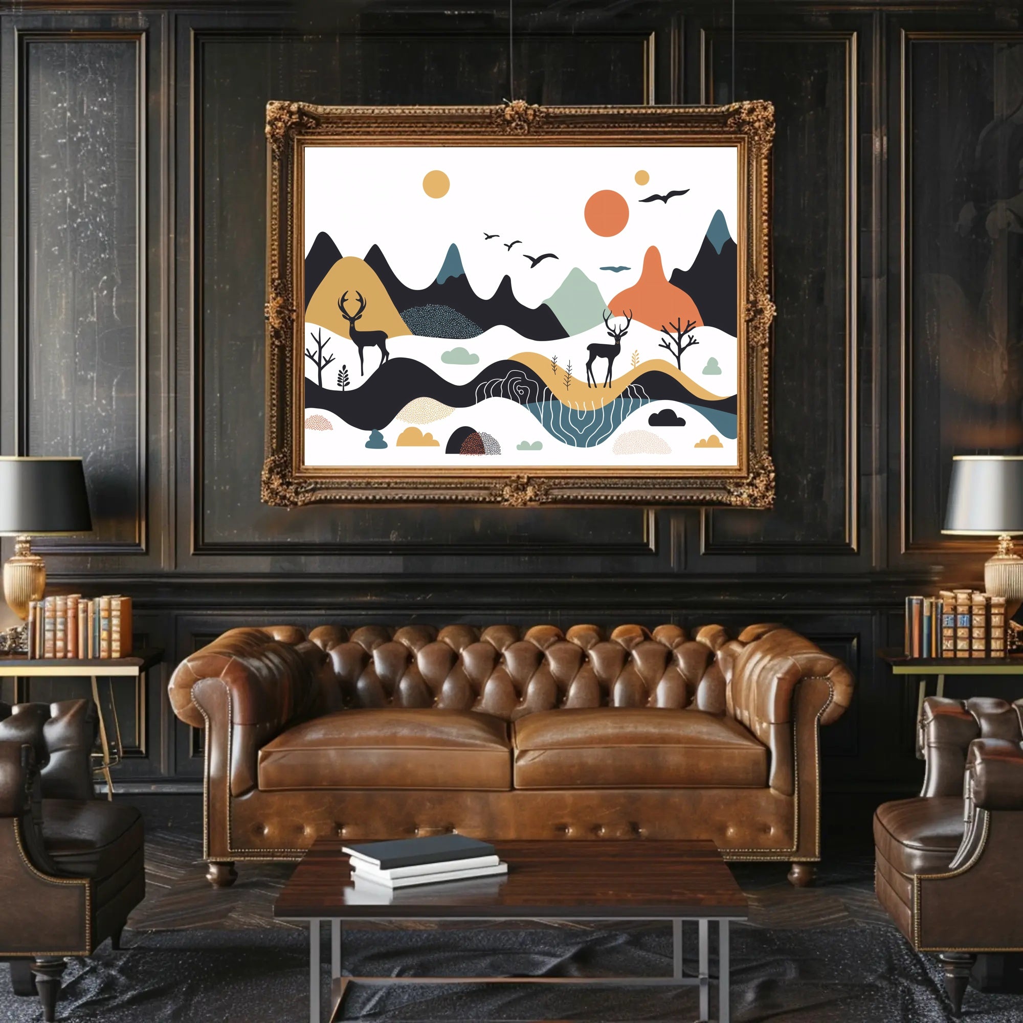 Abstract Mountainous Landscape with Deer and Birds Artistic Poster PosterGoat