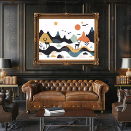Abstract Mountainous Landscape with Deer and Birds Artistic Poster PosterGoat