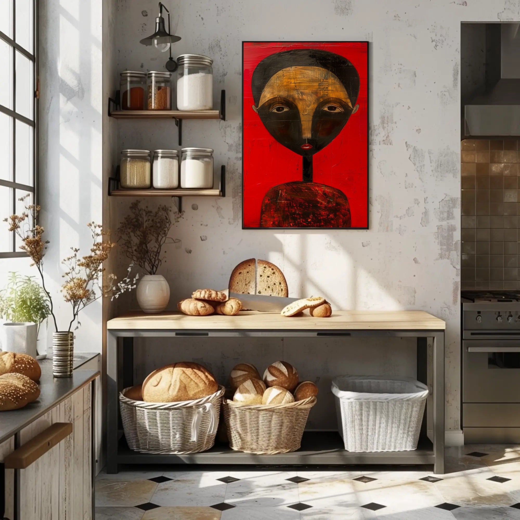 Abstract Portrait with Red Background - Artistic Poster PosterGoat