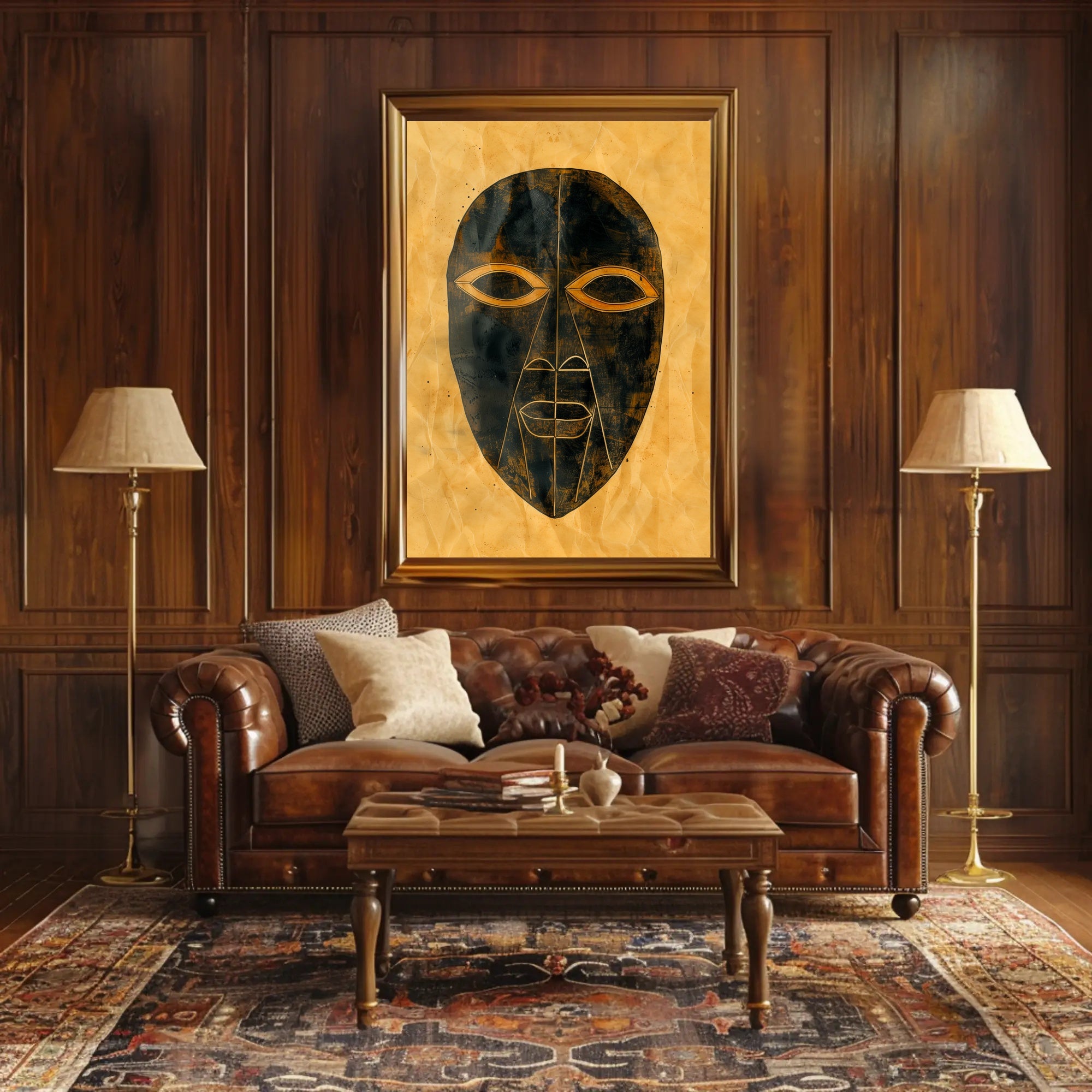Abstract Tribal Mask Art with Gold Accents Poster PosterGoat