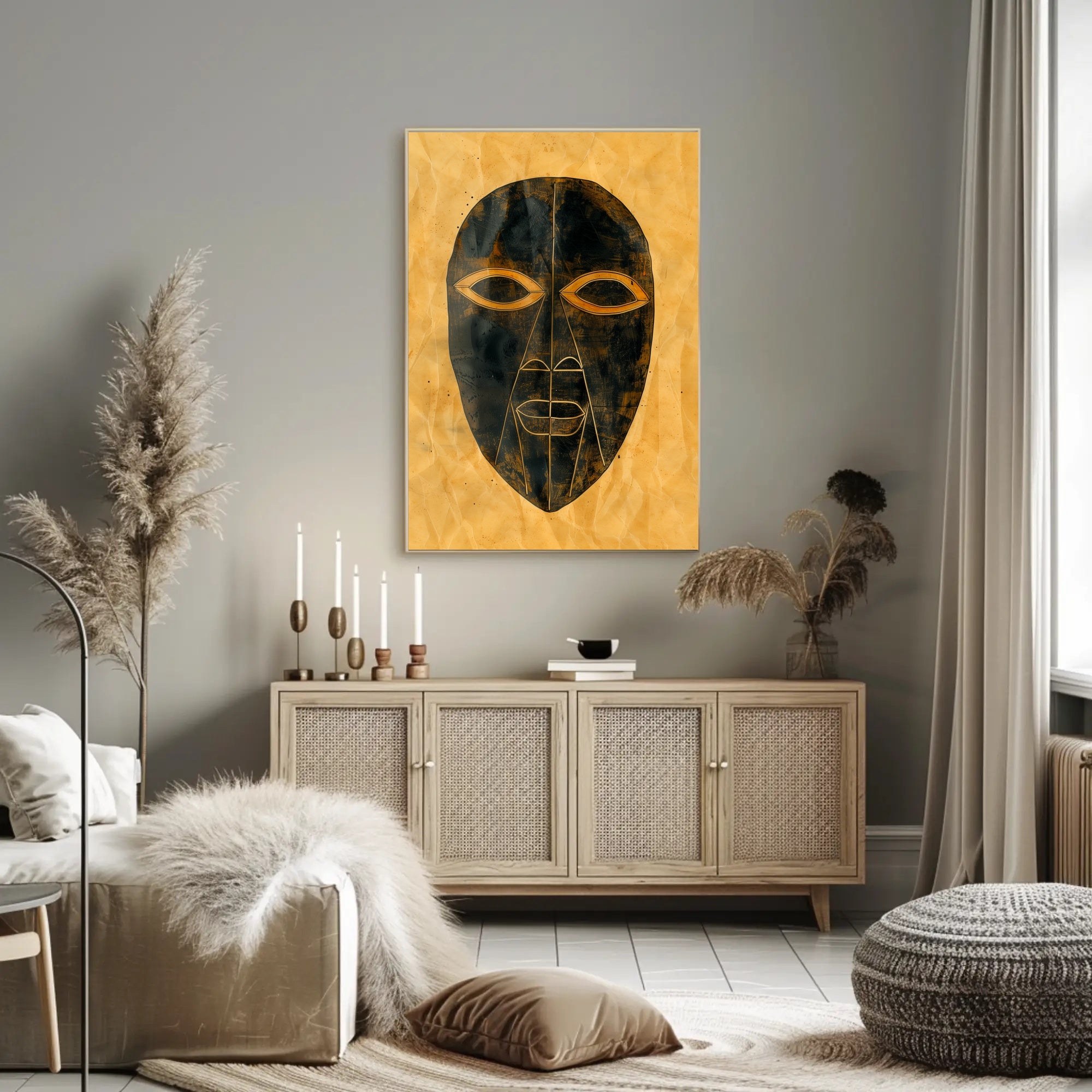 Abstract Tribal Mask Art with Gold Accents Poster PosterGoat